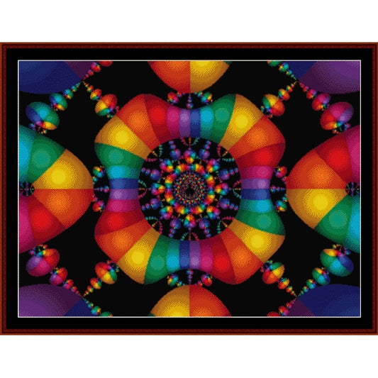 Colorful abstract Counted Cross Stitch Pattern by Cross Stitch Collectibles with a central spiral on a black background