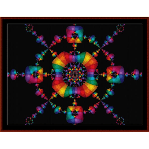 Colorful Counted Cross Stitch Pattern by Cross Stitch Collectibles with a star-like design on a black background