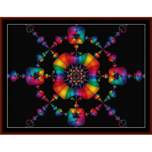 Colorful Counted Cross Stitch Pattern by Cross Stitch Collectibles with a star-like design on a black background