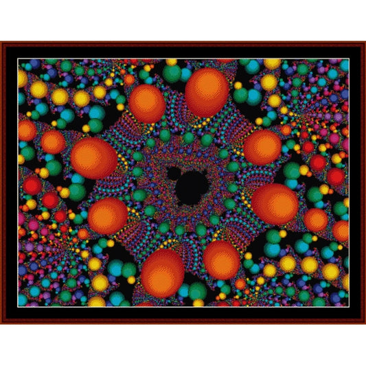 Colorful abstract Counted Cross Stitch Pattern by Cross Stitch Collectibles with spherical shapes and a central black circle.