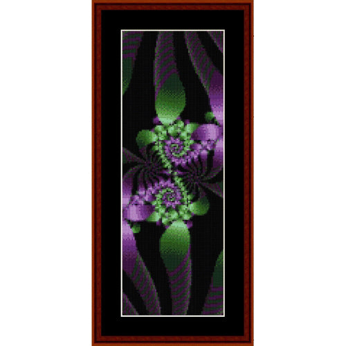 Framed Counted Cross Stitch Pattern by Cross Stitch Collectibles with purple and green floral design on a black background