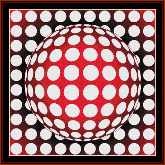 Counted Cross Stitch Pattern by Cross Stitch Collectibles - Red sphere with white dots on a black background with white polka dots