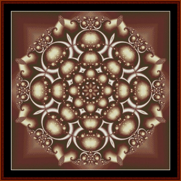 Decorative mandala Counted Cross Stitch Pattern by Cross Stitch Collectibles with intricate patterns in brown tones on a dark background