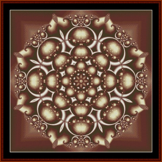 Decorative mandala Counted Cross Stitch Pattern by Cross Stitch Collectibles with intricate patterns in brown tones on a dark background