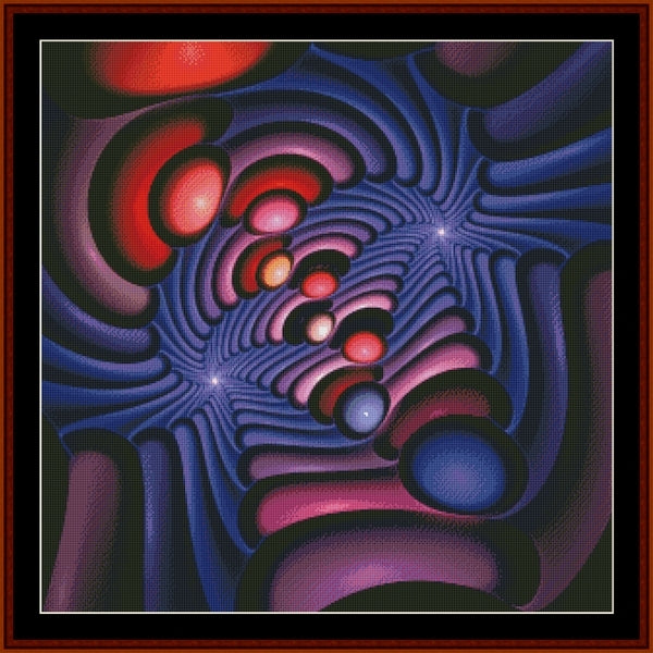 Abstract Counted Cross Stitch Pattern by Cross Stitch Collectibles with swirling patterns in red, blue, and purple.