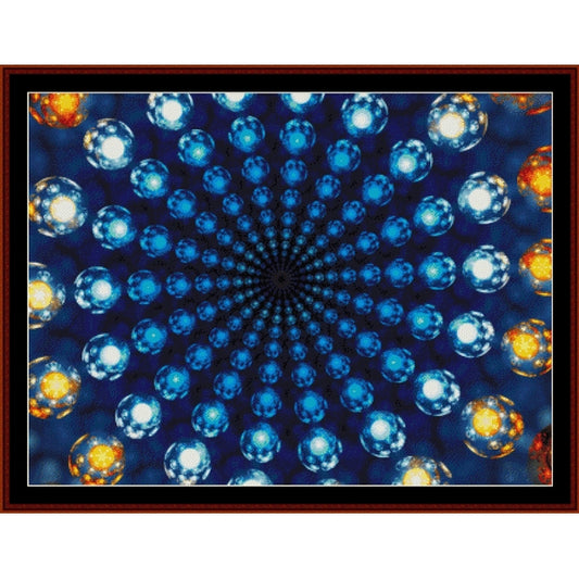 Circular Counted Cross Stitch Pattern by Cross Stitch Collectibles of blue and orange lights on a dark background