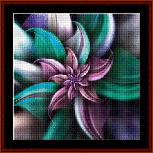 A colorful Counted Cross Stitch Pattern by Cross Stitch Collectibles depicting a floral design with a mix of purple, pink, and green petals.