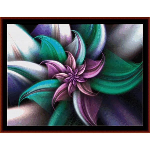 Abstract Counted Cross Stitch Pattern by Cross Stitch Collectibles with a central purple flower-like design on a multicolored background.
