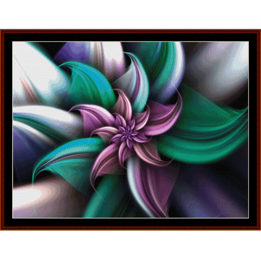 Abstract Counted Cross Stitch Pattern by Cross Stitch Collectibles with a central purple flower-like design on a multicolored background.
