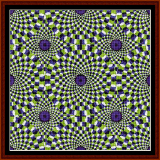 Optical illusion Counted Cross Stitch Pattern by Cross Stitch Collectibles with concentric circles and squares in green, purple, and white.