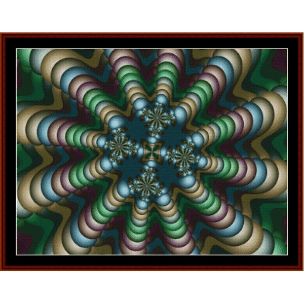 Counted Cross Stitch Pattern by Cross Stitch Collectibles of a colorful geometric pattern with concentric circles and snowflake-like shapes.