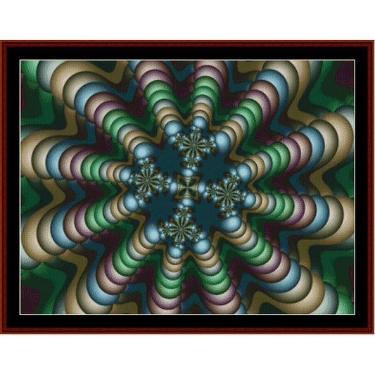 Counted Cross Stitch Pattern by Cross Stitch Collectibles of a colorful geometric pattern with concentric circles and snowflake-like shapes.