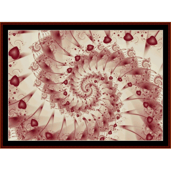 Counted Cross Stitch Pattern by Cross Stitch Collectibles of a red and beige spiral pattern with heart shapes.