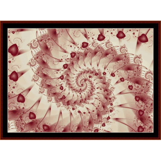 Counted Cross Stitch Pattern by Cross Stitch Collectibles of a red and beige spiral pattern with heart shapes.