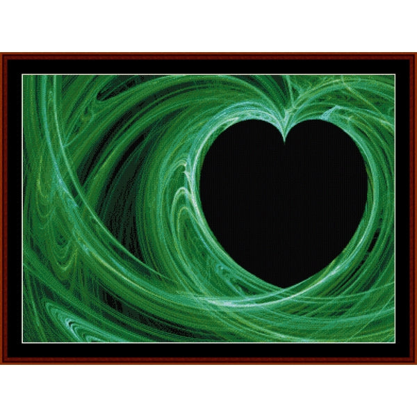 Green abstract Counted Cross Stitch Pattern by Cross Stitch Collectibles with a black heart in the center