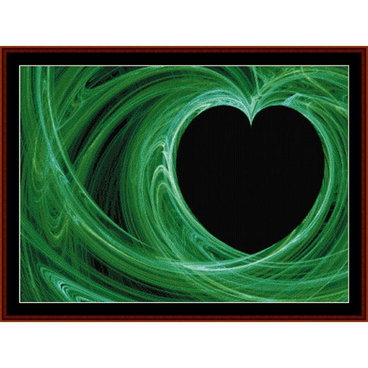Green abstract Counted Cross Stitch Pattern by Cross Stitch Collectibles with a black heart in the center