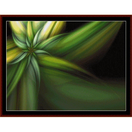 Counted Cross Stitch Pattern by Cross Stitch Collectibles of a green leaf with a dark background
