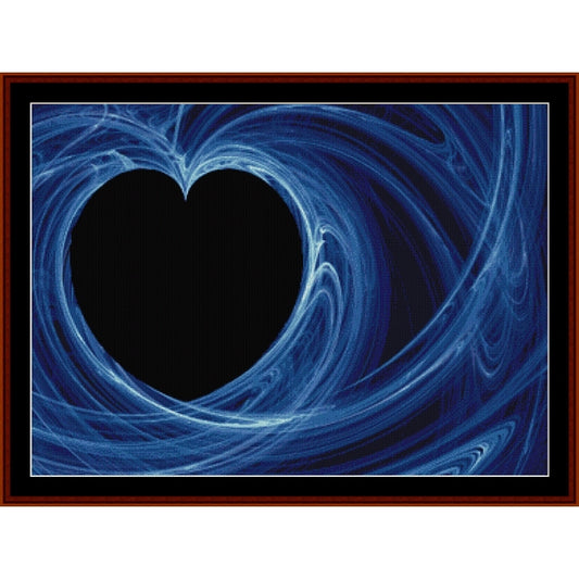 Blue heart-shaped Counted Cross Stitch Pattern by Cross Stitch Collectibles with swirling patterns on a black background