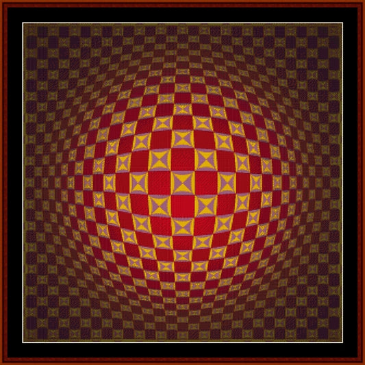 Op art Counted Cross Stitch Pattern by Cross Stitch Collectibles  with red and yellow squares in a circular pattern