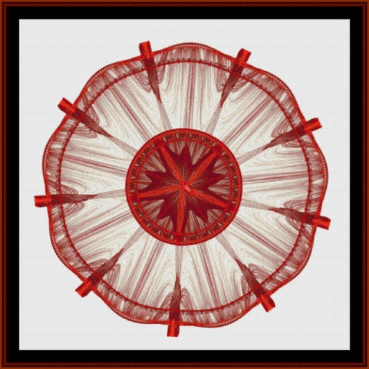 Red circular Counted Cross Stitch Pattern by Cross Stitch Collectibles with intersecting lines on a white background