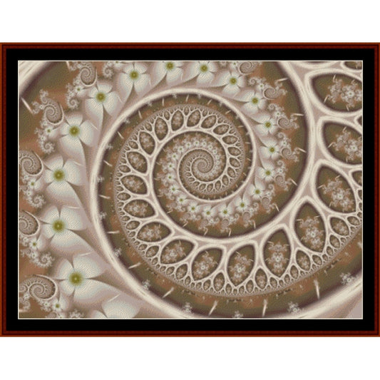 Decorative Counted Cross Stitch Pattern by Cross Stitch Collectibles with a spiral pattern and floral elements on a brown background
