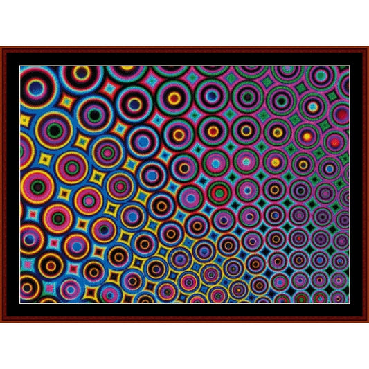 Colorful geometric Counted Cross Stitch Pattern by Cross Stitch Collectibles with circles and squares on a black background