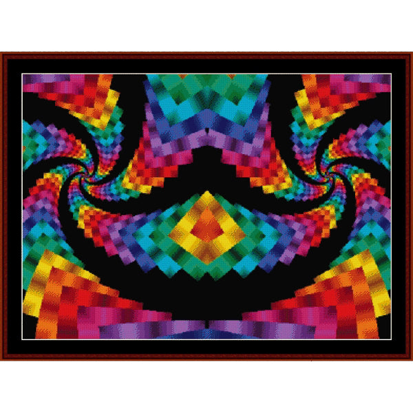 Colorful abstract Counted Cross Stitch Pattern by Cross Stitch Collectibles with a spiral pattern on a black background