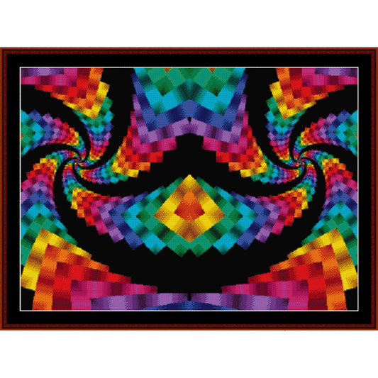 Colorful abstract Counted Cross Stitch Pattern by Cross Stitch Collectibles with a spiral pattern on a black background