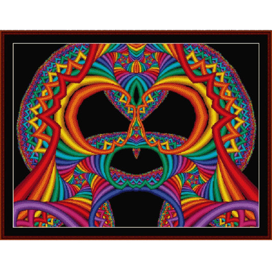 Colorful abstract Counted Cross Stitch Pattern by Cross Stitch Collectibles with a heart shape on a black background