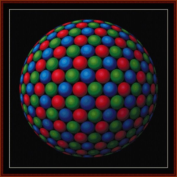 Multicolored sphere with red, blue, and green dots on a black background - Counted Cross Stitch Pattern by Cross Stitch Collectibles