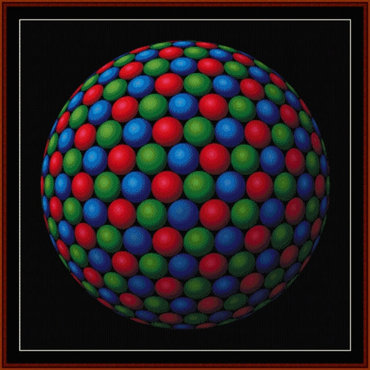 Multicolored sphere with red, blue, and green dots on a black background - Counted Cross Stitch Pattern by Cross Stitch Collectibles