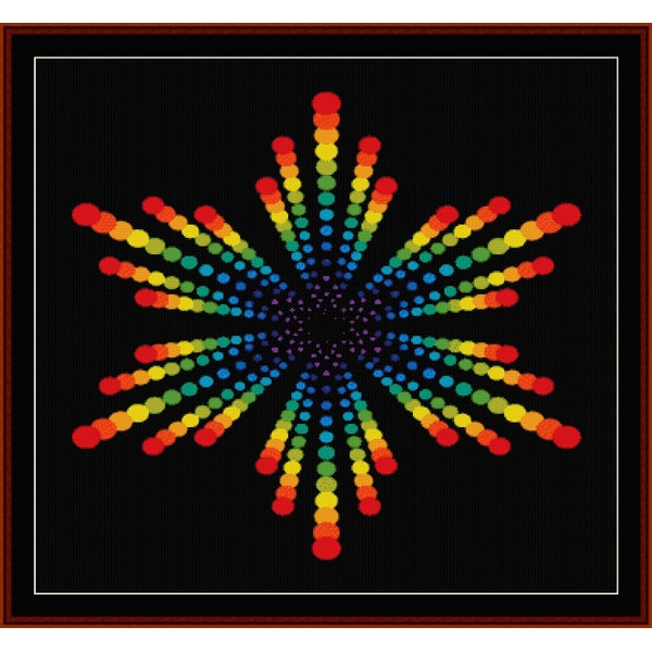 Colorful circular Counted Cross Stitch Pattern by Cross Stitch Collectibles with red, yellow, and blue dots on a black background