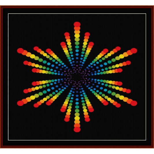 Colorful circular Counted Cross Stitch Pattern by Cross Stitch Collectibles with red, yellow, and blue dots on a black background