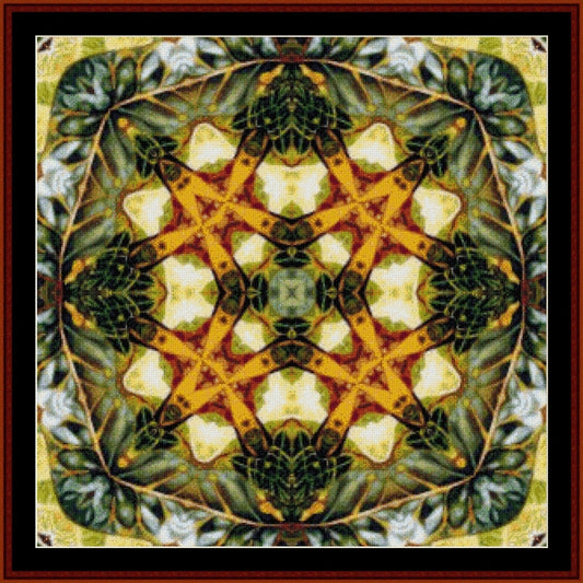 Decorative Counted Cross Stitch Pattern by Cross Stitch Collectibles with a star design surrounded by leaves and flowers on a yellow background.