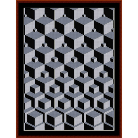 Geometric Counted Cross Stitch Pattern by Cross Stitch Collectibles with black, gray, and white cubes on a dark background