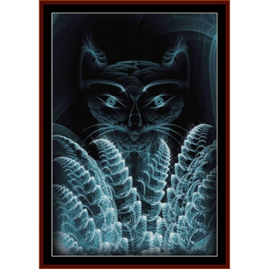 Counted Cross Stitch Pattern by Cross Stitch Collectibles of a cat with ferns in a dark setting