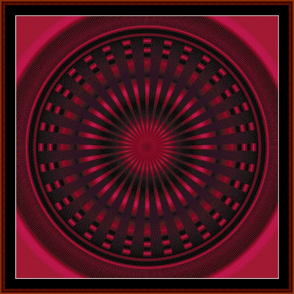 Red and black circular Counted Cross Stitch Pattern by Cross Stitch Collectibles with a pink background