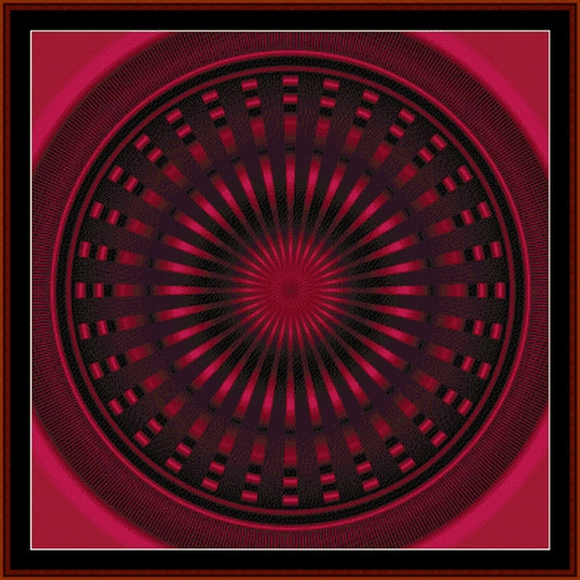 Red and black circular Counted Cross Stitch Pattern by Cross Stitch Collectibles with a pink background