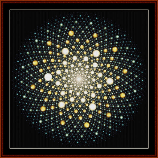 Geometric Counted Cross Stitch Pattern by Cross Stitch Collectibles with concentric circles and dots on a black background