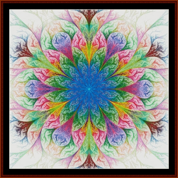 Colorful mandala Counted Cross Stitch Pattern by Cross Stitch Collectibles with a star-like center on a white background