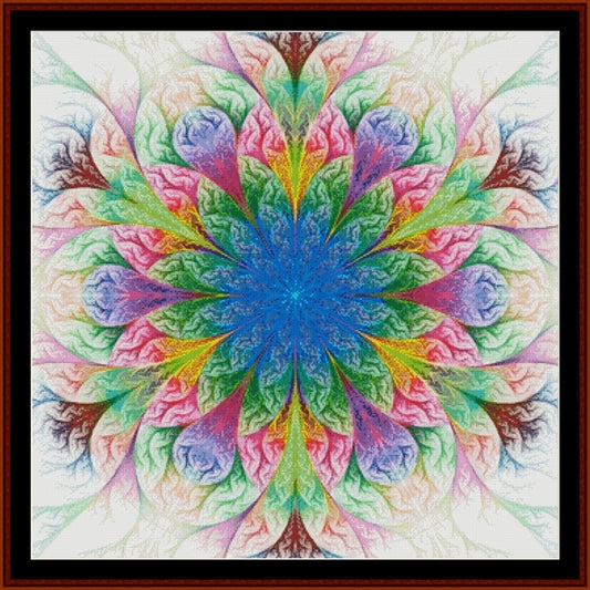 Colorful mandala Counted Cross Stitch Pattern by Cross Stitch Collectibles with a star-like center on a white background