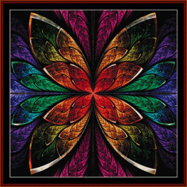 Colorful geometric Counted Cross Stitch Pattern by Cross Stitch Collectibleswith a rainbow-like pattern on a dark background