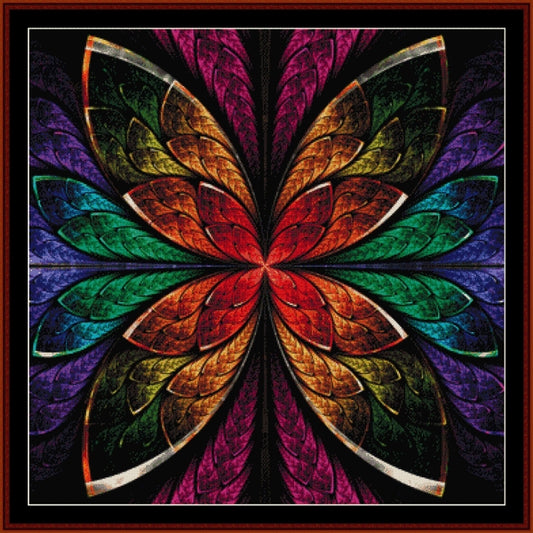 Colorful geometric Counted Cross Stitch Pattern by Cross Stitch Collectibleswith a rainbow-like pattern on a dark background