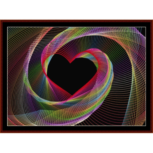 Colorful heart-shaped Counted Cross Stitch Pattern by Cross Stitch Collectibles with a black center