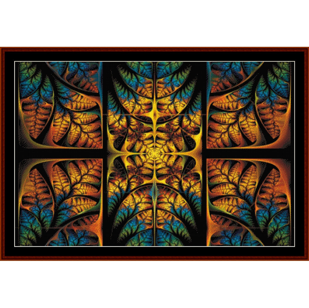 Counted Cross Stitch Pattern by Cross Stitch Collectibles of a colorful abstract design with leaf-like patterns.