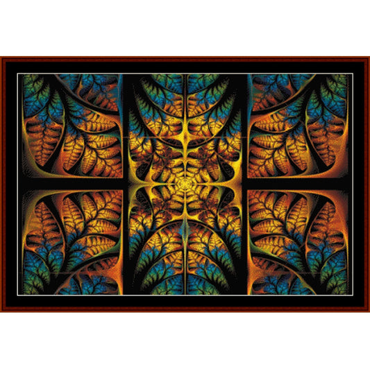 Counted Cross Stitch Pattern by Cross Stitch Collectibles of a colorful abstract design with leaf-like patterns.