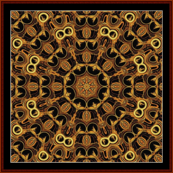 Mandala Counted Cross Stitch Pattern by Cross Stitch Collectibles with gold and black colors on a brown background