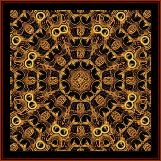 Mandala Counted Cross Stitch Pattern by Cross Stitch Collectibles with gold and black colors on a brown background