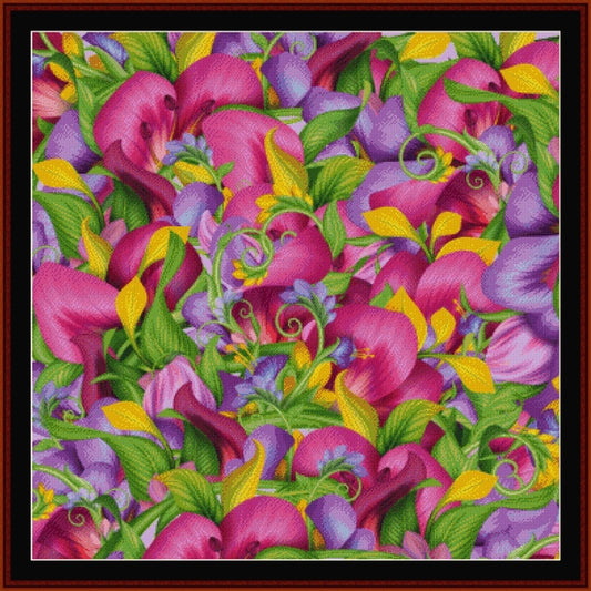 Colorful floral Counted Cross Stitch Pattern by Cross Stitch Collectibles with pink, purple, and green flowers.