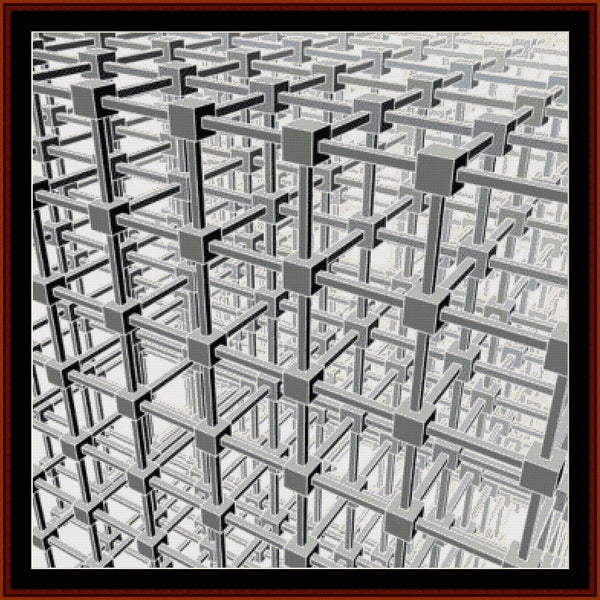 Complex geometric Counted Cross Stitch Pattern by Cross Stitch Collectibles with interlocking shapes in black and white.